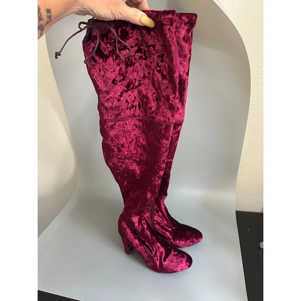 Burgundy Crushed Velvet Over The Knee Boots Block Heel Pointed Toe Size 7.5